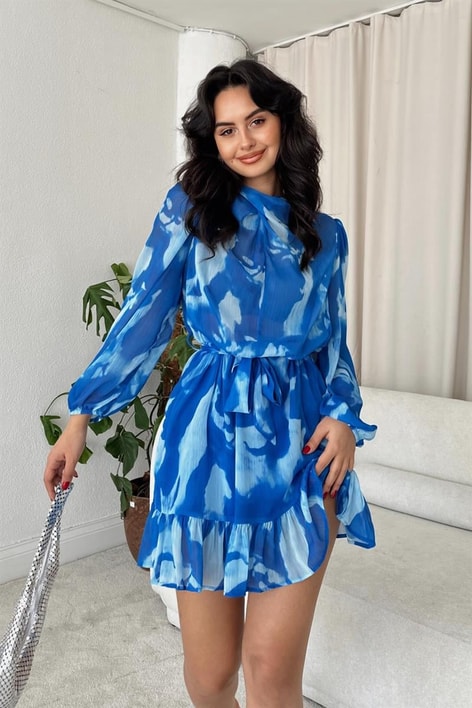Batik Desen Kuşaklı Elbise Saks Mavisi
