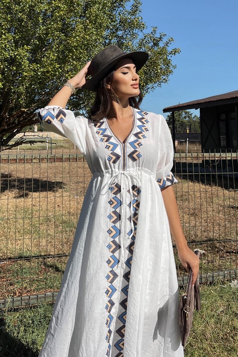 Bel Büzgülü Etnik Keten Elbise Beyaz