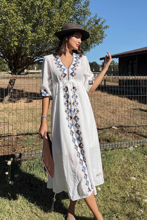 Bel Büzgülü Etnik Keten Elbise Beyaz