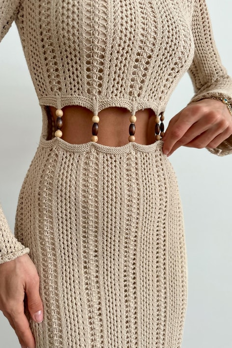 Bel Detay Bohem Elbise Bej