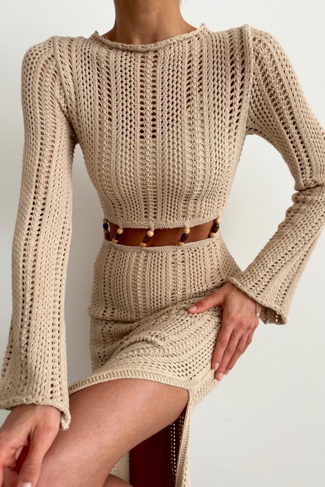 Bel Detay Bohem Elbise Bej