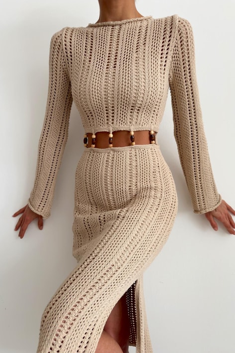 Bel Detay Bohem Elbise Bej