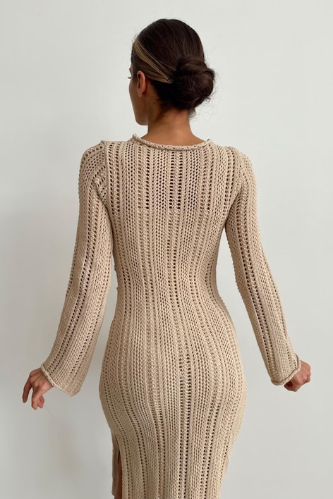 Bel Detay Bohem Elbise Bej