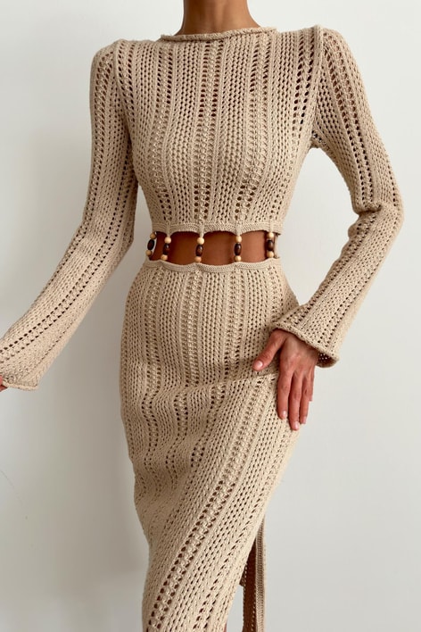 Bel Detay Bohem Elbise Bej