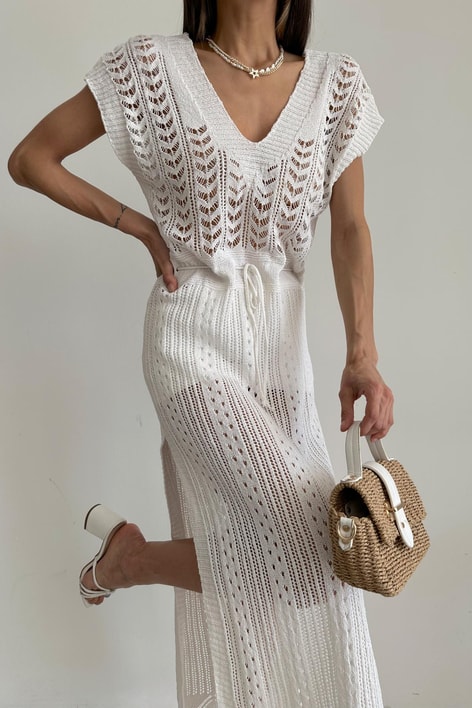 Bel İp Detaylı Bohem Elbise Ekru