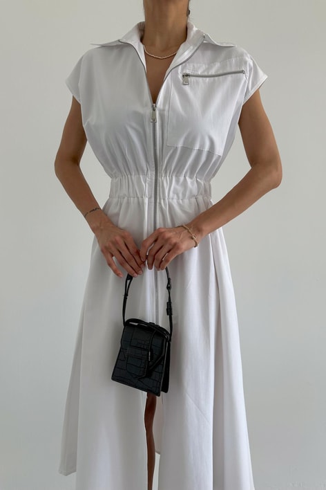 Bel Lastikli Fermuarlı Elbise Beyaz