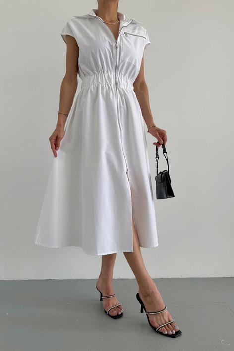 Bel Lastikli Fermuarlı Elbise Beyaz