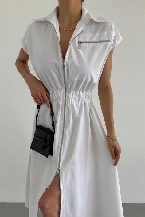 Bel Lastikli Fermuarlı Elbise Beyaz