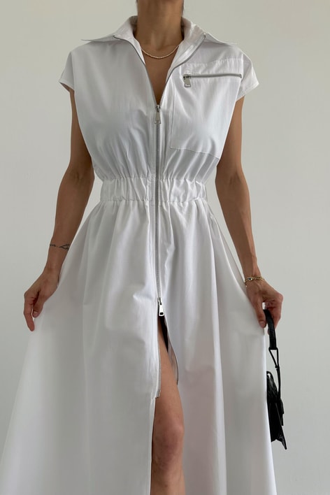 Bel Lastikli Fermuarlı Elbise Beyaz