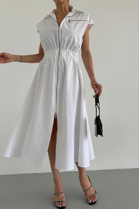 Bel Lastikli Fermuarlı Elbise Beyaz