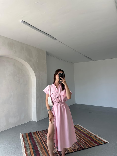 Beli Lastikli Çıtçıt Detay Elbise Pembe