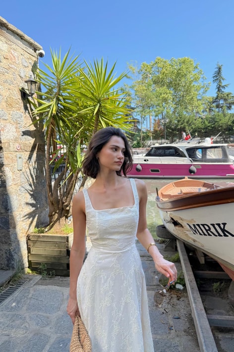 Bohem Nakışlı Premium Elbise Taş