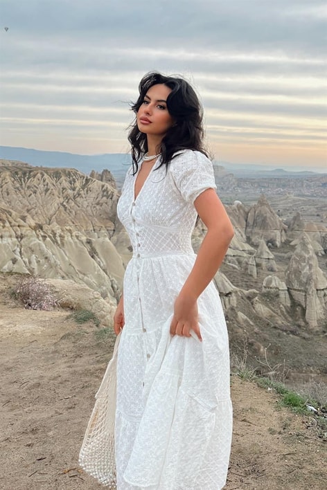 Boydan Düğmeli Fisto Elbise Beyaz