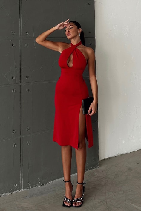 Boyundan Askılı Basic Elbise Kırmızı