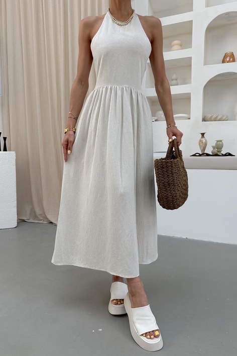 Boyundan Bağlamalı Maxi Keten Bej