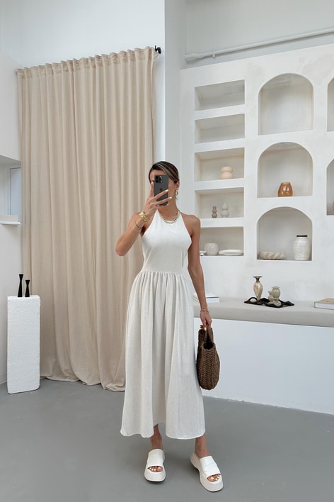 Boyundan Bağlamalı Maxi Keten Bej