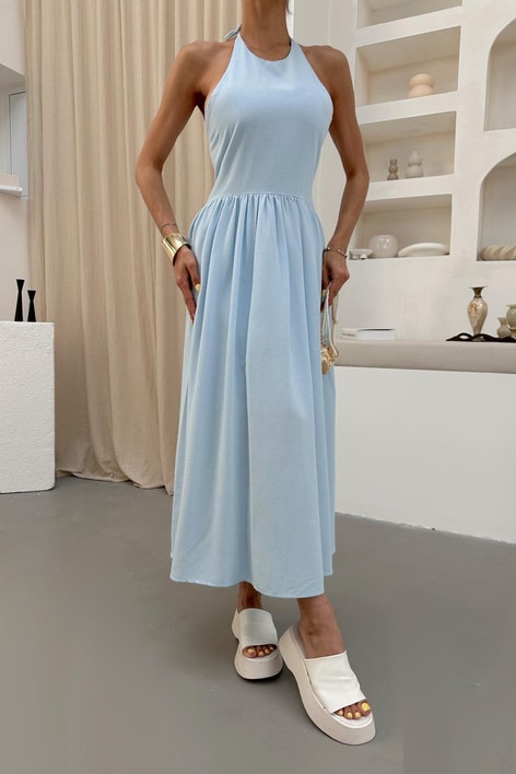 Boyundan Bağlamalı Maxi Keten Bebe Mavi