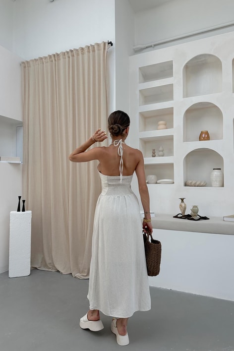 Boyundan Bağlamalı Maxi Keten Bej