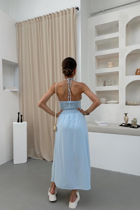 Boyundan Bağlamalı Maxi Keten Bebe Mavi