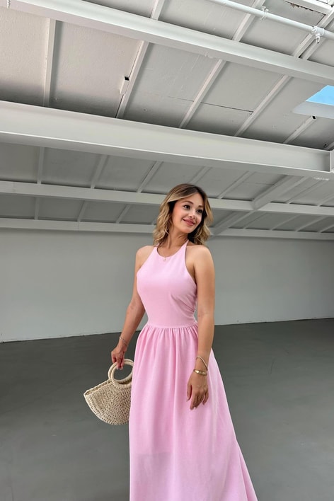 Boyundan Bağlamalı Maxi Keten Pembe