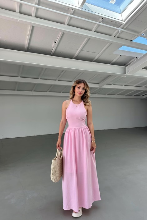 Boyundan Bağlamalı Maxi Keten Pembe