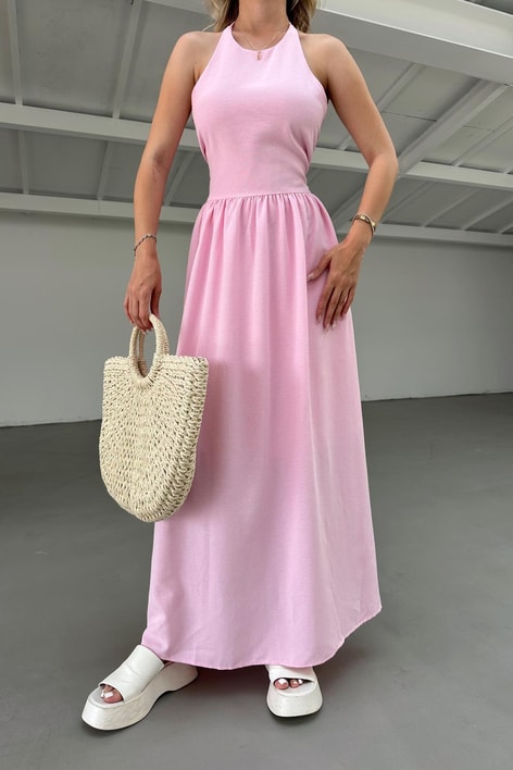 Boyundan Bağlamalı Maxi Keten Pembe