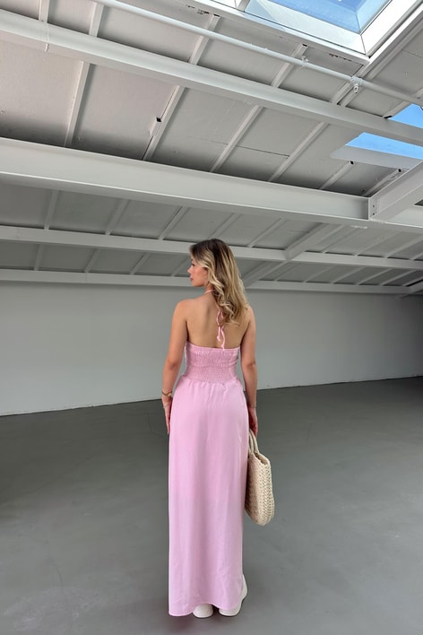Boyundan Bağlamalı Maxi Keten Pembe