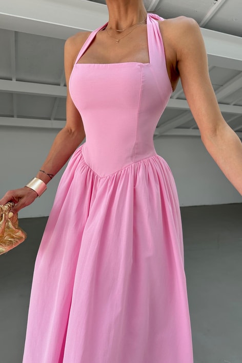 Boyundan Bağlamalı Midi Elibise Pembe