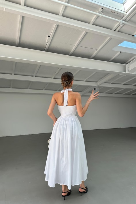 Boyundan Bağlamalı Midi Elibise Beyaz