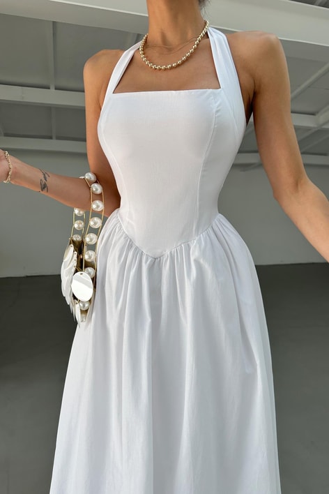 Boyundan Bağlamalı Midi Elibise Beyaz