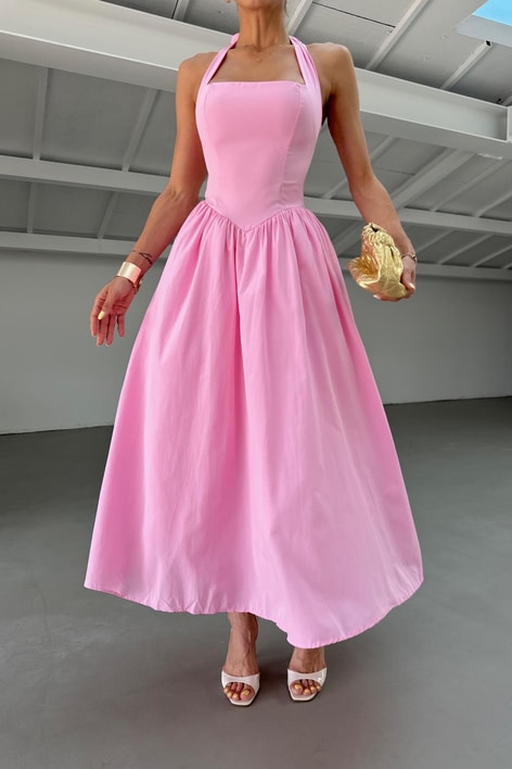 Boyundan Bağlamalı Midi Elibise Pembe