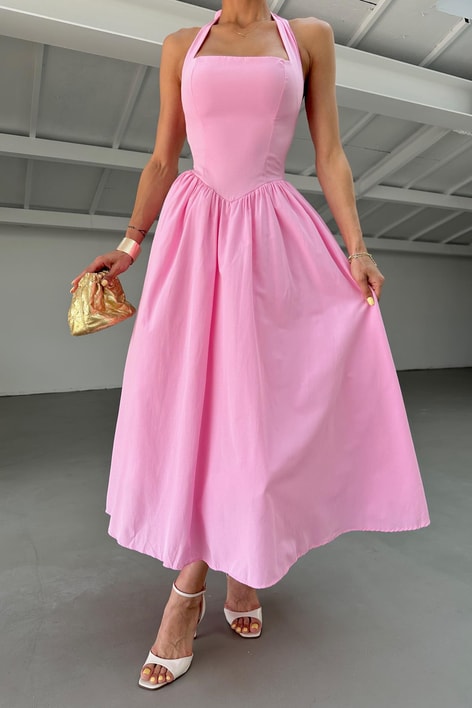 Boyundan Bağlamalı Midi Elibise Pembe