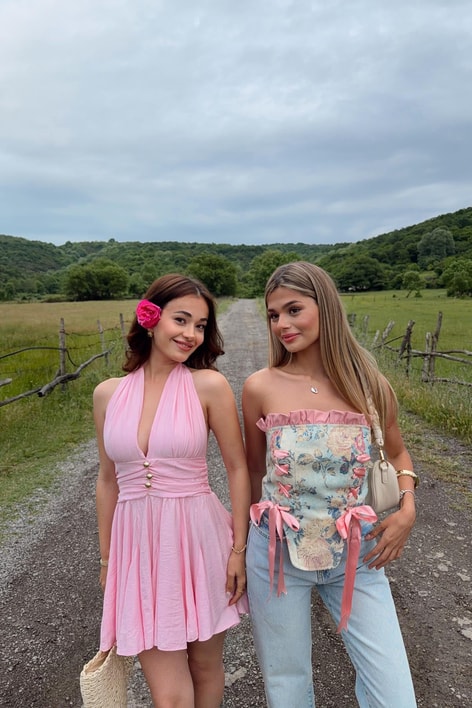 Boyundan Bağlamalı Mini Elbise Pembe