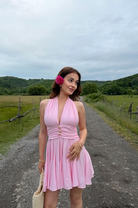 Boyundan Bağlamalı Mini Elbise Pembe