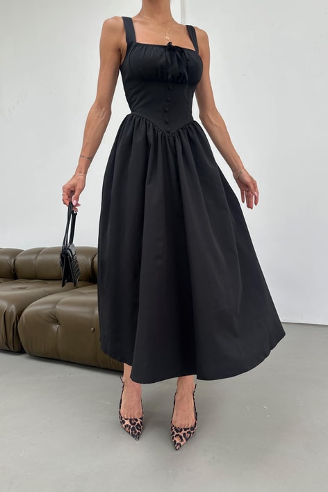 Büzgü Göğüs Detaylı Midi Elbise Siyah