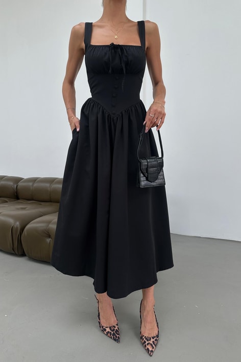 Büzgü Göğüs Detaylı Midi Elbise Siyah