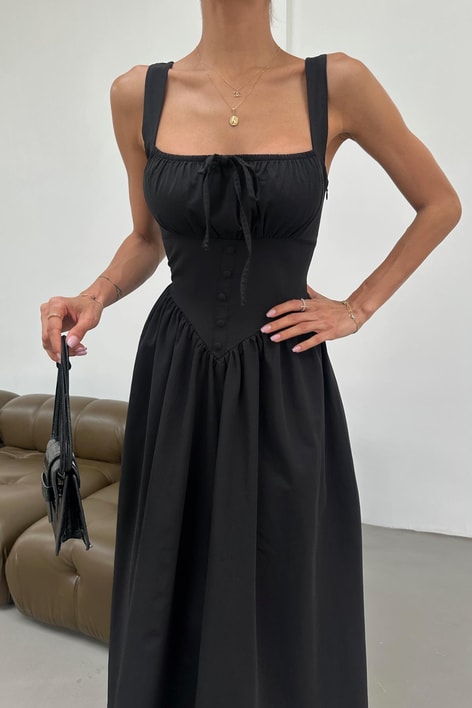 Büzgü Göğüs Detaylı Midi Elbise Siyah