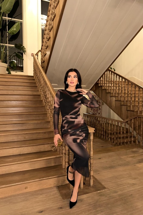 Büzgülü Colorful Midi Elbise Kahve