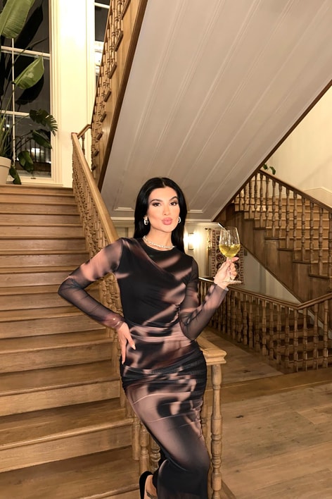 Büzgülü Colorful Midi Elbise Kahve