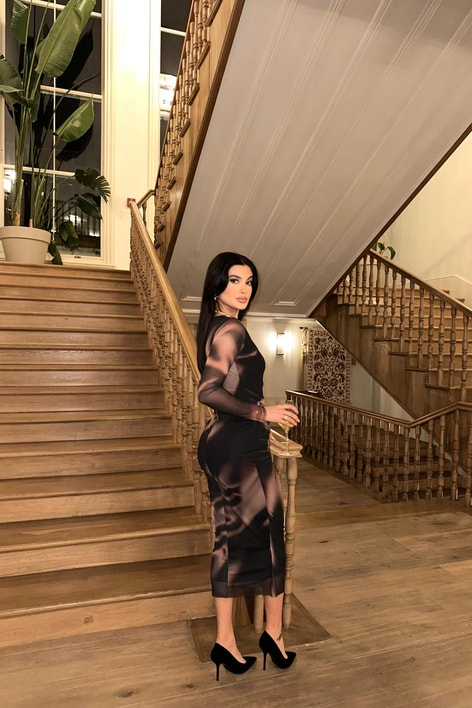 Büzgülü Colorful Midi Elbise Kahve