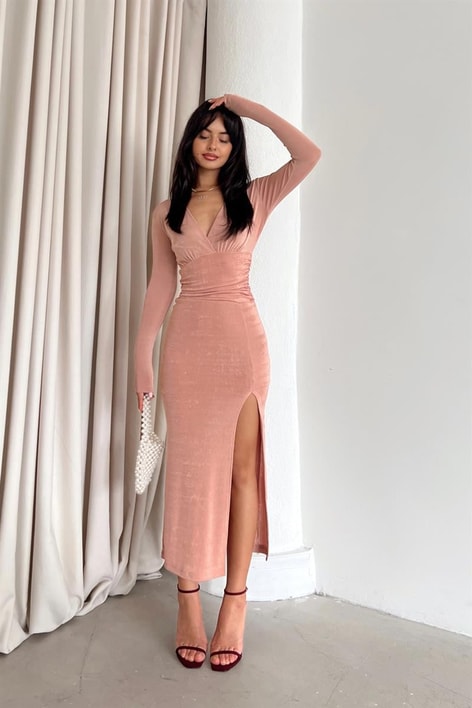 Buzzy Yırtmaçlı Angela Elbise Vizon