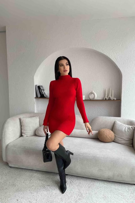 Çan Etek Mini Triko Elbise Kırmızı