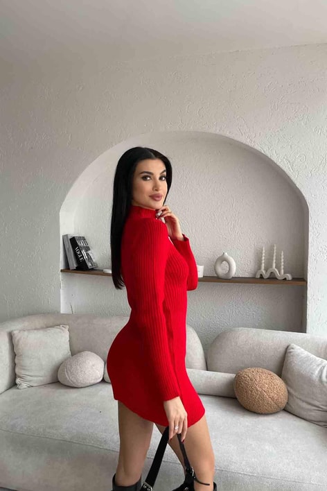 Çan Etek Mini Triko Elbise Kırmızı