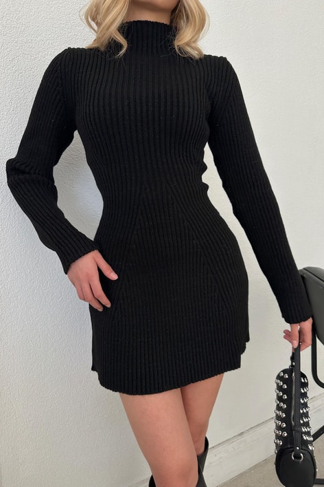 Çan Etek Simli Triko Elbise Siyah