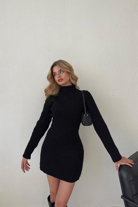 Çan Etek Simli Triko Elbise Siyah