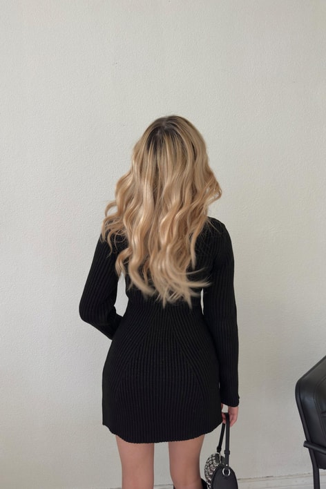 Çan Etek Simli Triko Elbise Siyah