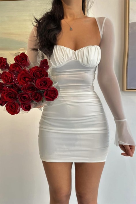 Çan Kol Transparan Yakalı Elbise Beyaz