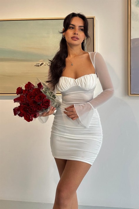 Çan Kol Transparan Yakalı Elbise Beyaz