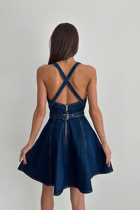Çapraz Kemerli Denim Elbise Lacivert