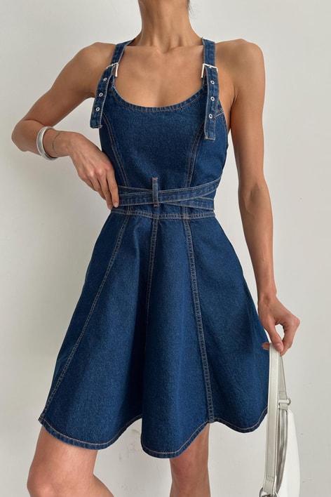 Çapraz Kemerli Denim Elbise Lacivert